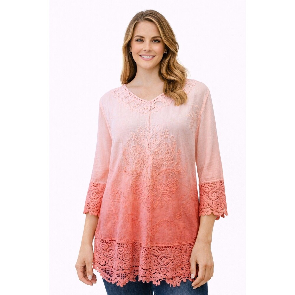 Chico’s Women's 2 Large Ombre Lace Trim Boho Tunic Top 3/4 Sleeve